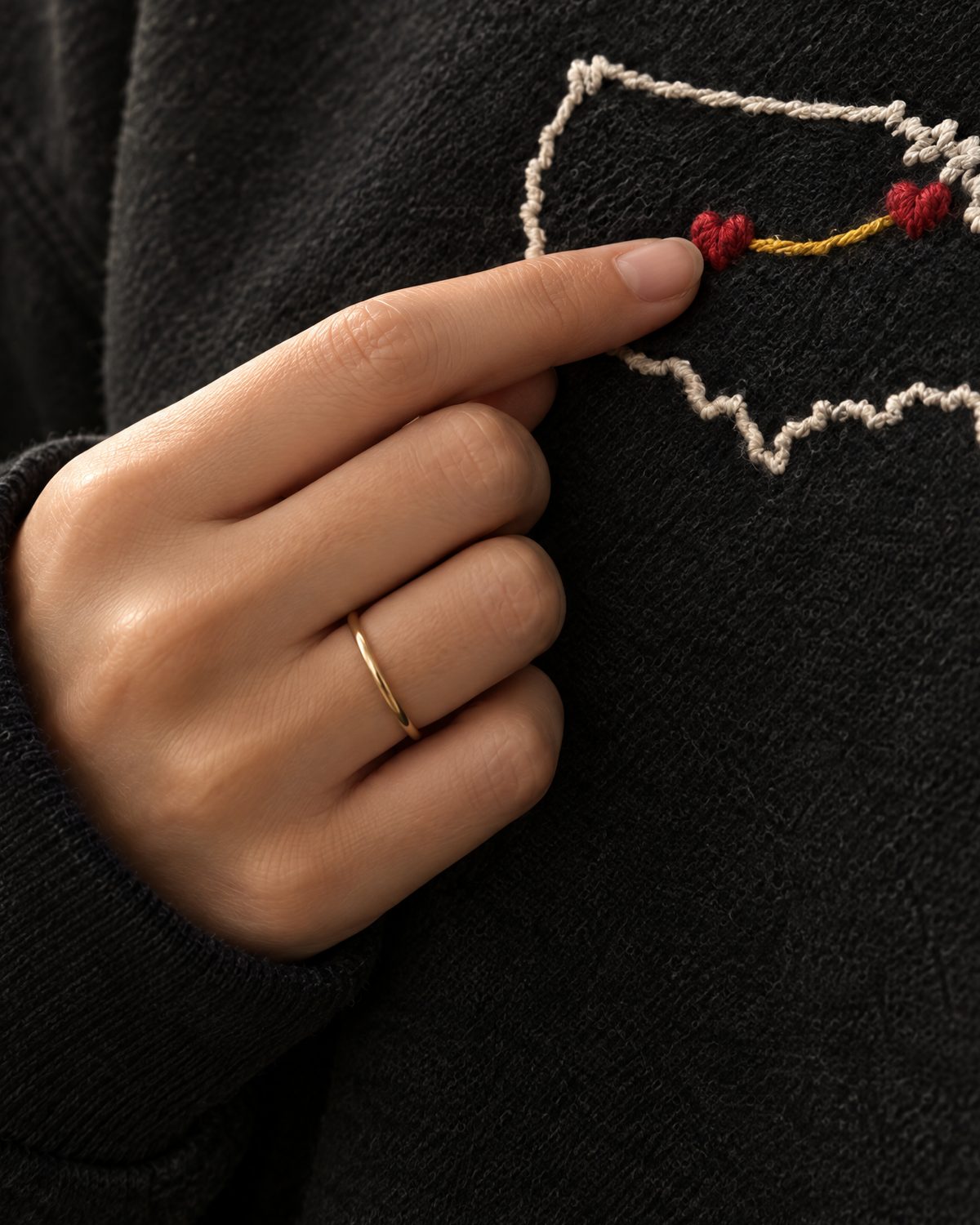 A hand with a thin gold ring touching the embroidered heart on the chest
