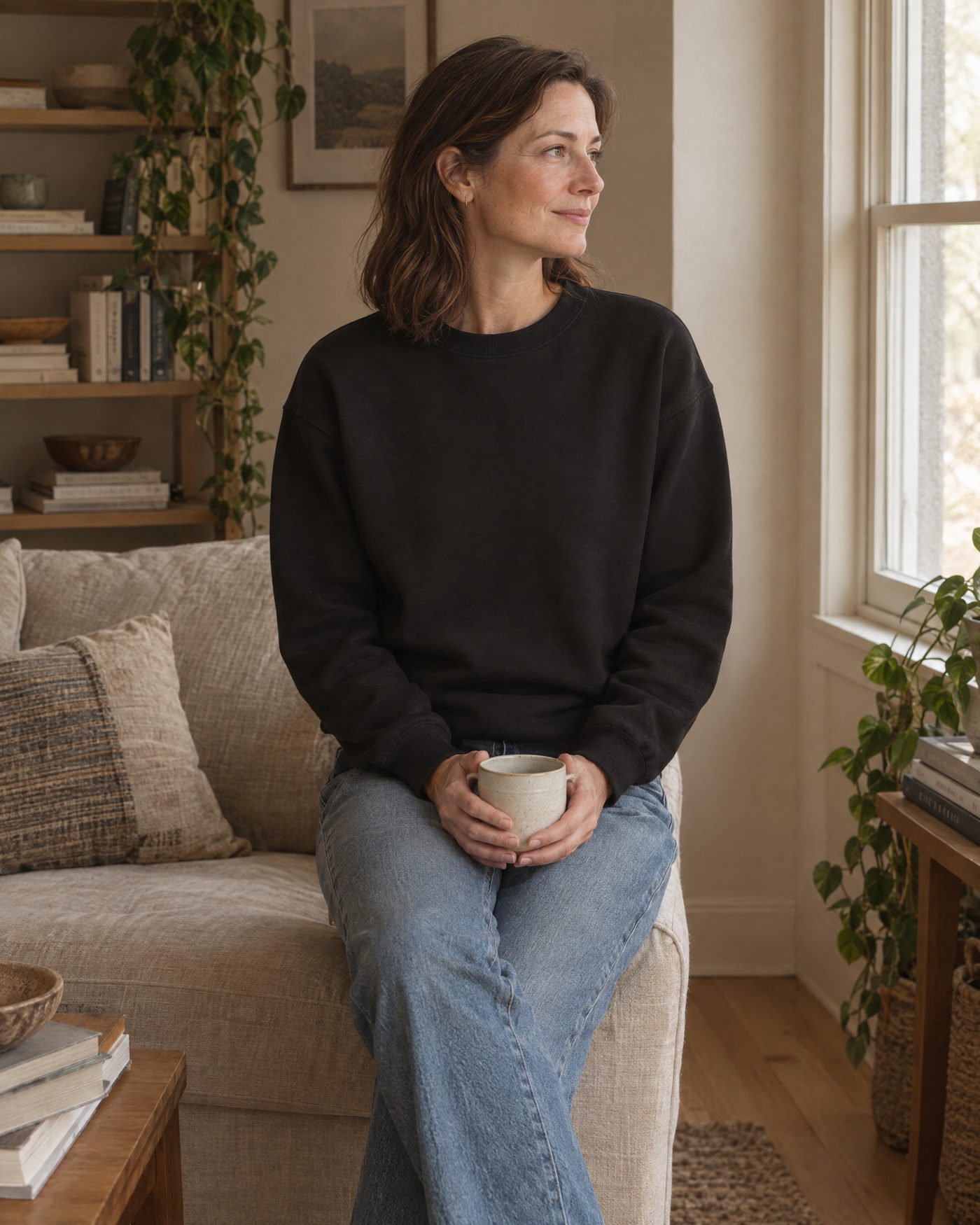A woman on the arm of her sofa with a mug, looking out the window, wearing the sweatshirt